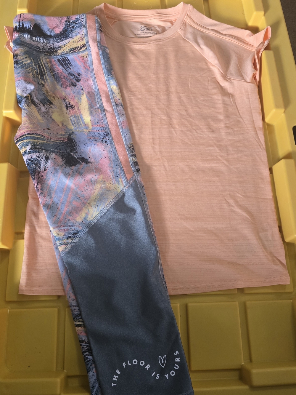 Athleta (Simone Biles) Peach Short-Sleeve Tee with Multicolor Abstract Leggings